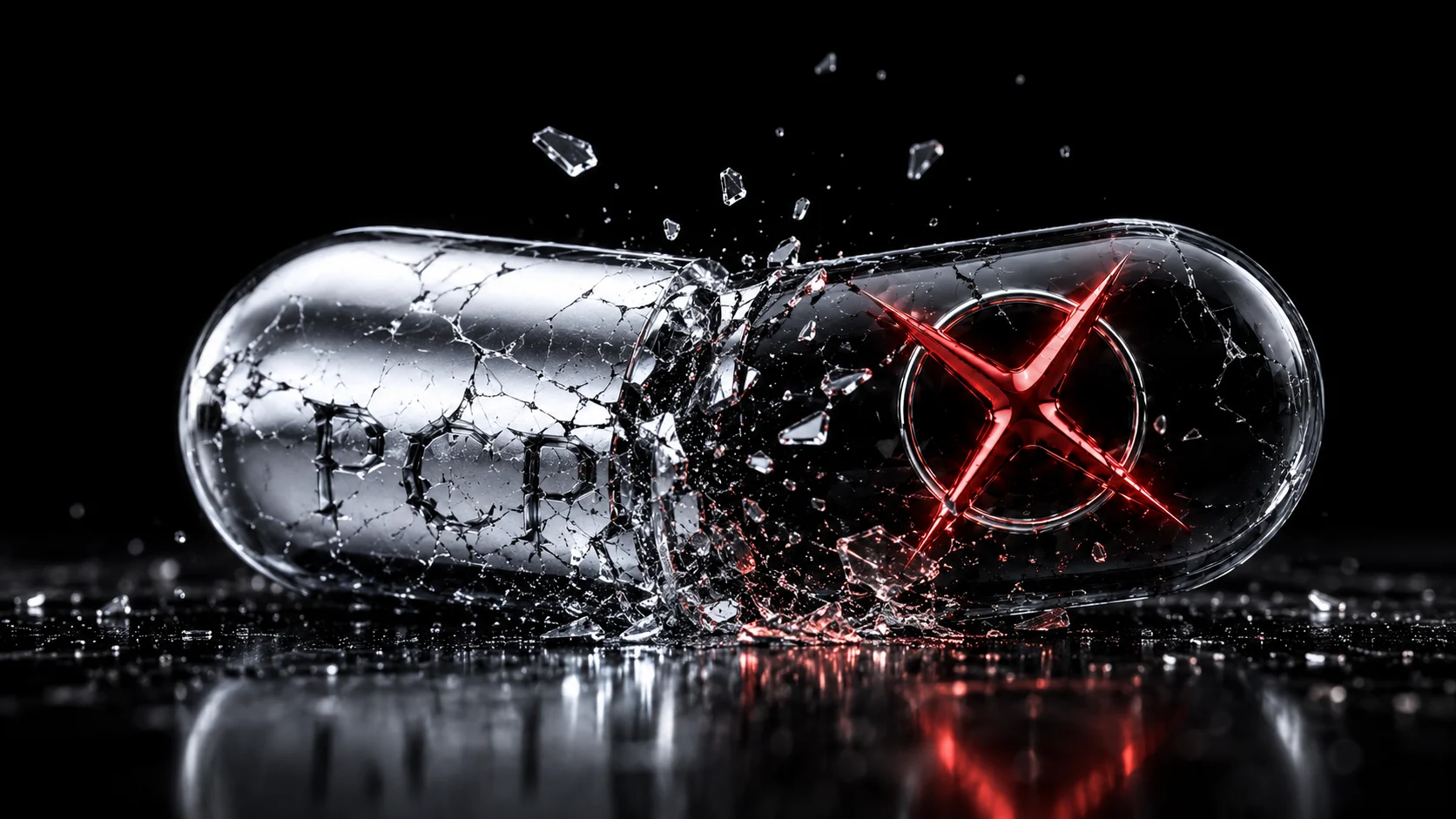 The PCP capsule shattering on a wet black floor